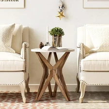 Pedestal Farmhouse End Table, Distressed White Top with Tripod Base for Moder...