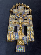 Icona russa. Icona-Croce Crocifissione di Cristo con assistente e selezione.Bronzo