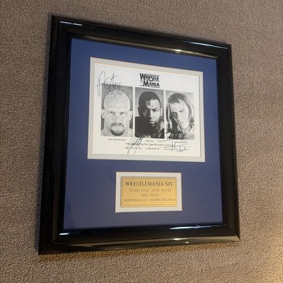 WWE WrestleMania XIV TripleSigned Display Stone Cold Mike Tyson & Shawn Michaels