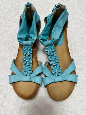 Patrizia Spring Step Teal Wedge T-strap Floral Jeweled Comfort Resort Shoes 7