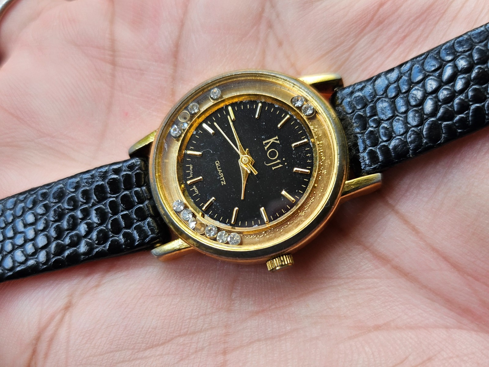 Vintage Koji Women Wristwatch Gold Tone Case Blac… - image 1