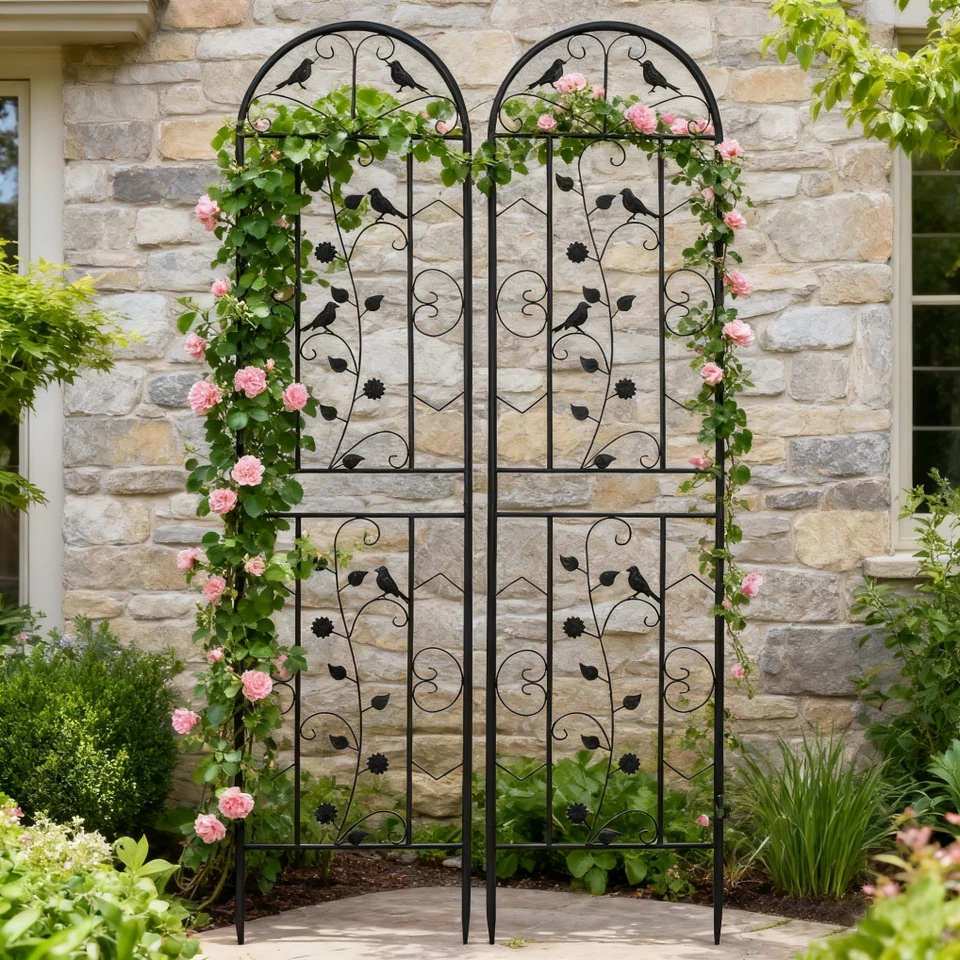 2x Garden Trellis Metal Plant Support Thick Tube Climbing Trellises Fence Gothic - Image 2 of 4