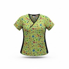 Melrose Women  s Mock Wrap Scrub Top Size Small Peace Love BFF Signs Flower