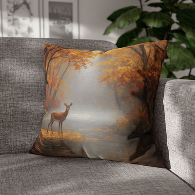 Autumn Deer Throw Pillow, Misty Forest Lake Cushion, Painterly Nature Decor