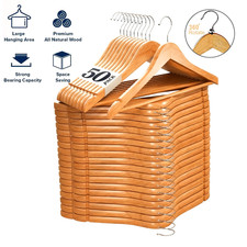 50 Pack Wooden Coat Hangers Natural Suit Clothes Hangers with Non Slip Pant Bar