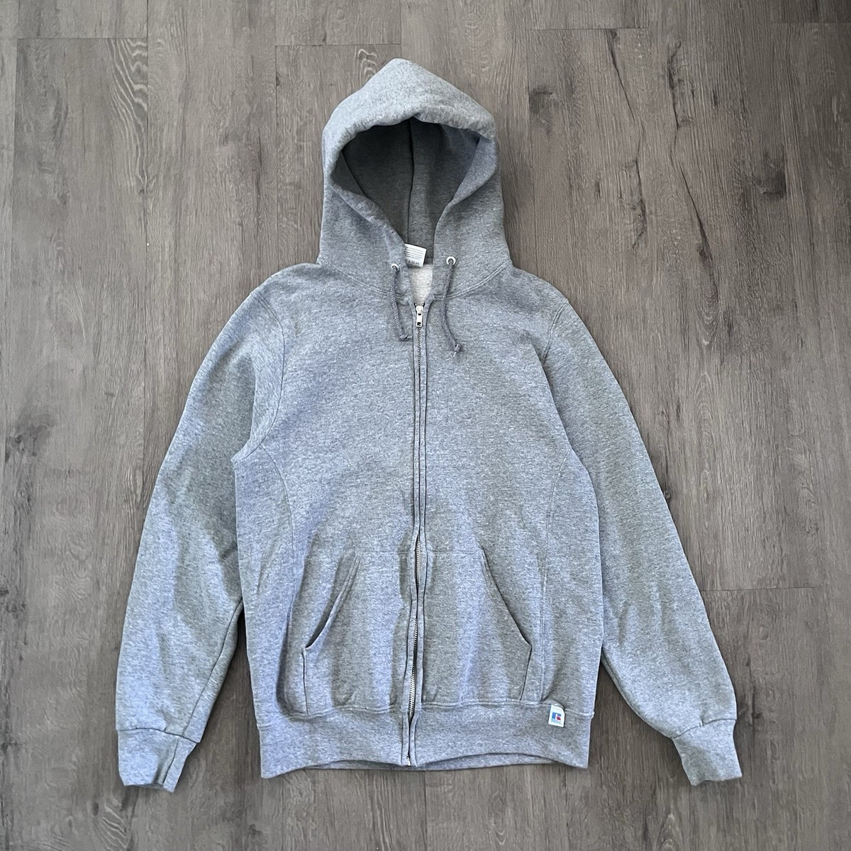 Vintage Russell Athletic Mens Grey Zip Up Hoodie Blank 2000s Y2K