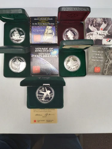 5 Canadian Proof Silver coins 4)1 Dollar and 1) 20 Dollar
