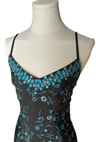 Hype Atelier Gorgeous Floral Black Blue Embroidered 100% Silk Dress Sz 4 - Picture 5 of 7