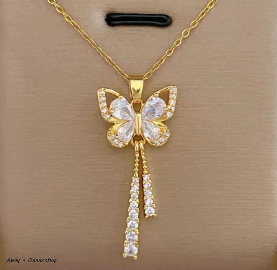 Damen Halskette Schmetterling Zirkon Anhänger Frauen Schmuck Kette 925 Gold Frau - Bild 2 von 4
