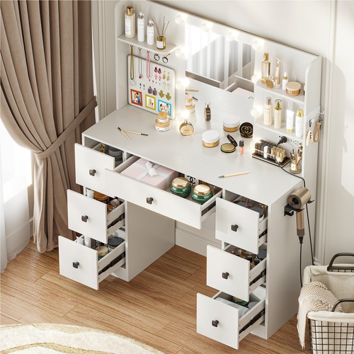 Large Makeup Vanity Table Vanity Desk with Lighted Mirror 7 Drawers Power Outlet - Picture 2 of 55
