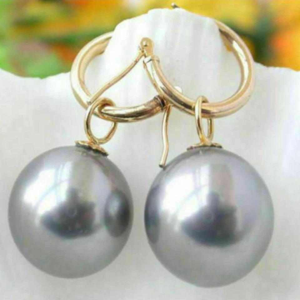 16mm Hoop natural Grey South Sea Shell Pearl gold 14k earrings Mother's Day - Image 3 of 4