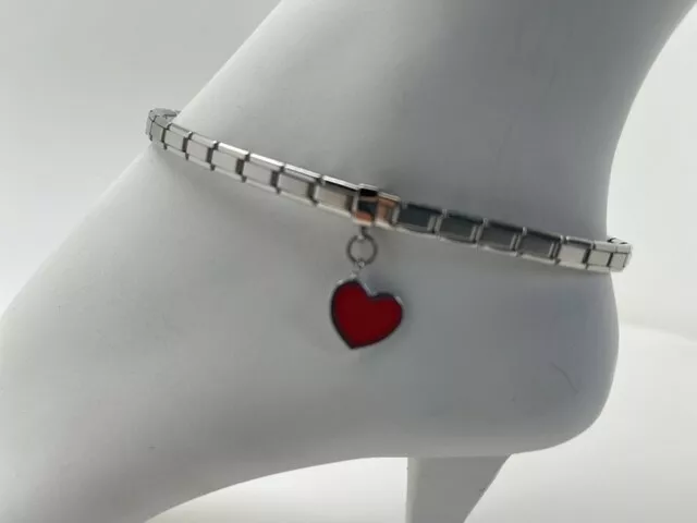 Italian Charm Anklet Red Enamel Heart Stainless Steel Link Ankle