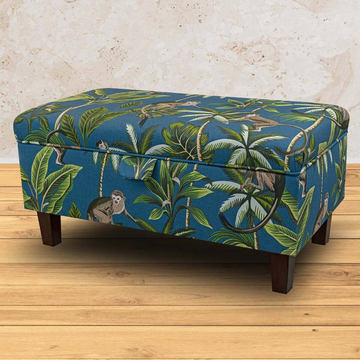 Tropical Teal Storage Ottoman Footstool Pouffe Botanical Monkey