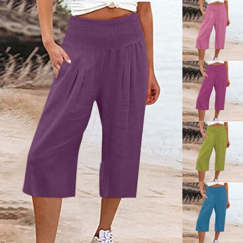 Women Capri Pants Casual Loose Joggers Wide Leg Crop Elastic Yoga Sweatpants