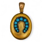 Locket Pendant 18K Yellow Gold Antique Victorian Horseshoe Turquoise Mourning