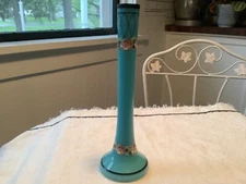 Vintage Art Deco  Hand painted Blown Teal Cased Floral Glass 8.25”  Bud Vase