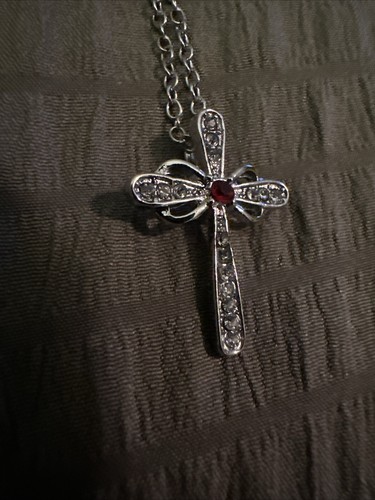 Gorgeous Silver Plated Ruby Stone With White Zircon Stones Cross Necklace - Picture 7 of 8
