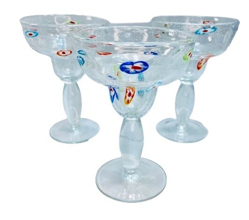 3 Hand Blown Millefiori Margarita Glasses Bubbles Large Mexican Art Fiesta Fiore - 第 1/22 張圖片