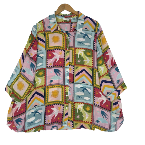 Rose + Olive Bluse Knopfleiste Gr. 1X Tropical Geometric Print 3/4 Arm Boho