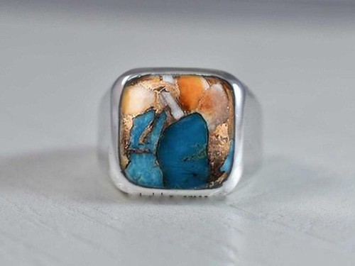 Solid 925 Sterling Silver Natural Oyster Turquoise Gemstone Christmas Men's Ring - Picture 7 of 12