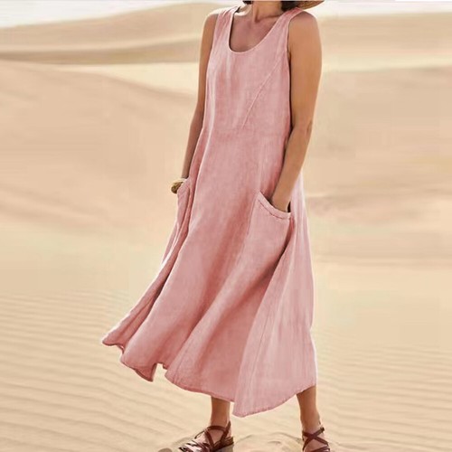 Cotton Women's Linen Sleeveless Maxi Dress Ladies Solid Pockets Summer Sundress - Picture 6 of 15