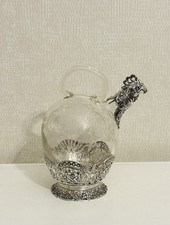 Antique German Rooster Form Sterling Silver & Etched Glass Claret Jug, C. 1900