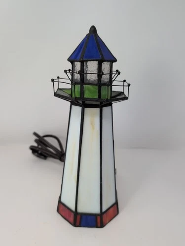 Vintage 10" Stained Glass Lighthouse Tiffany Style Accent Light Table Lamp
