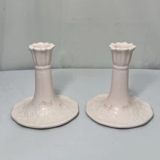 Set Of 2 My Texas House Scalloped Pink Ceramic Taper Candle Holders Bunnies