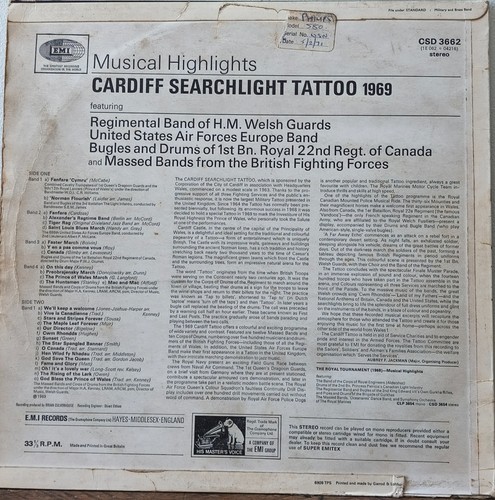 EMI Cardiff Searchlight Tattoo 1969 Military Band Vinyl LP Record CSD 3662 - Bild 2 von 2
