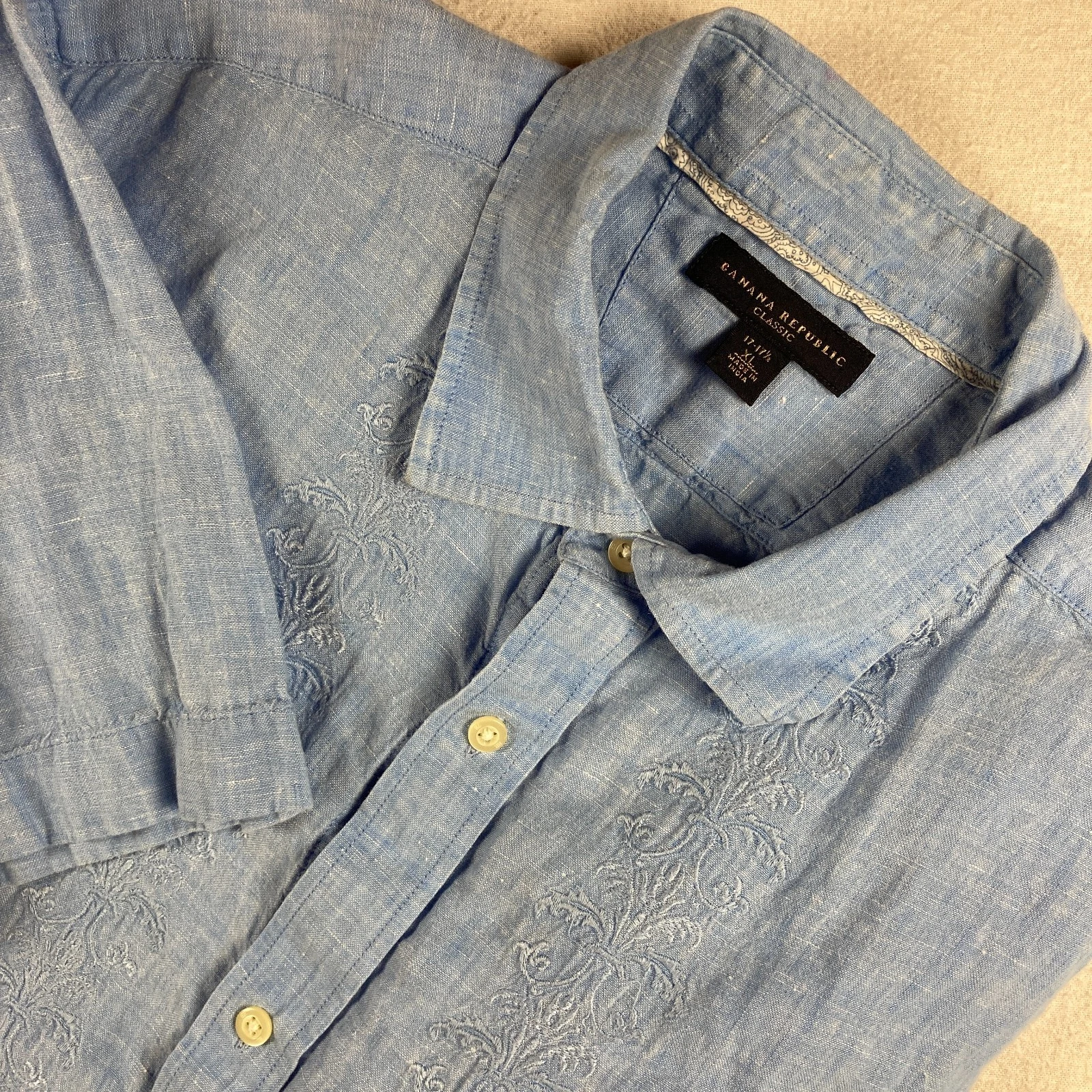 Banana Republic Classic Linen Shirt Mens XL Blue Floral Button Up Short Sleeve