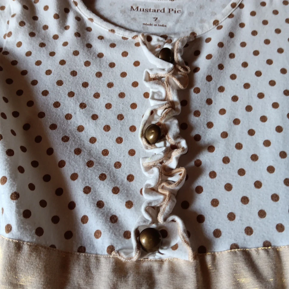 Vestido Mostaza Pie Niñas Talla 7 Volantes Manga Larga Lunares Marrón Y Dorado Foto 4 de 4