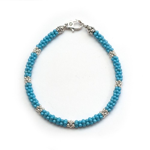 Bracciale LAGOS Nuovo Argento 7 Stazioni Turchese Blu Ceramica Caviale 5mm XL - Foto 2 di 7