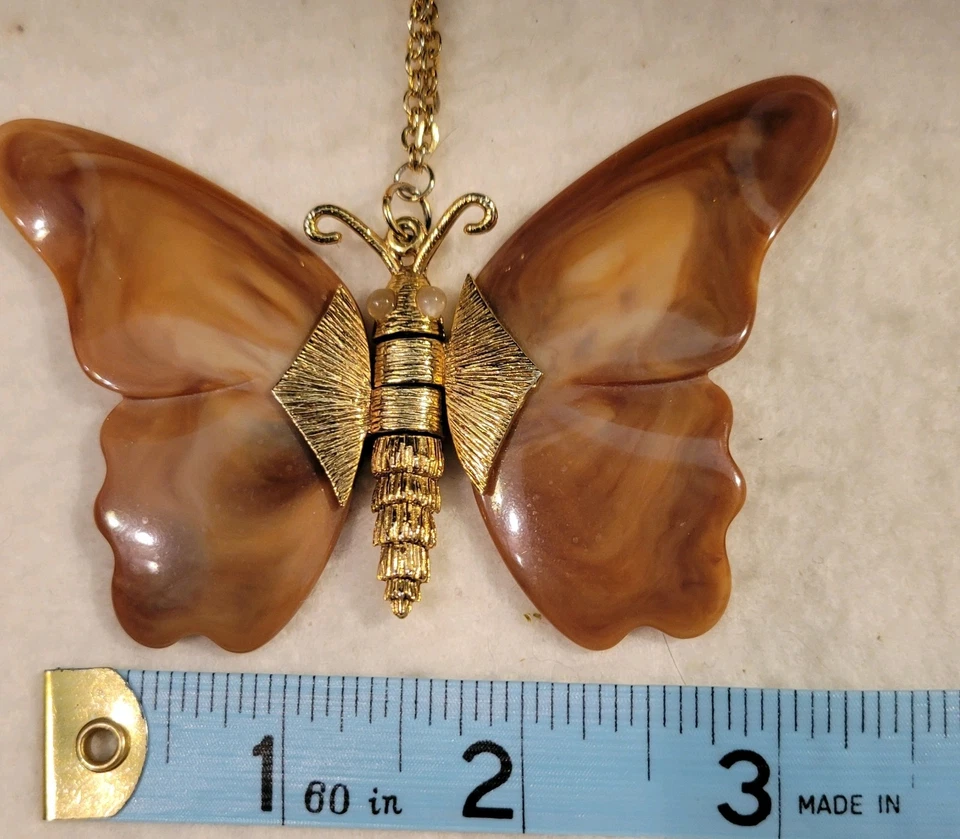 Vintage Articulated Swirl Brown Butterfly Double Gold Tone 1960s Necklace 24" - Image 2 of 4