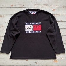 VTG Tommy Jeans Flag Sweatshirt XL Black Fleece Embroidered Logo Sweater Y2K