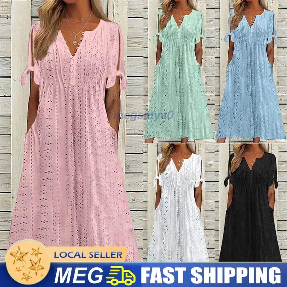 Boho Women Beach Dress Midi Sundress Travel Holiday Casual Lace A-line Dress AUS