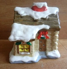 H.L. SNOW COVERED LOG CABIN TEA LIGHT CANDLE HOLDER W/TEA LIGHT CERAMIC TAIWAN