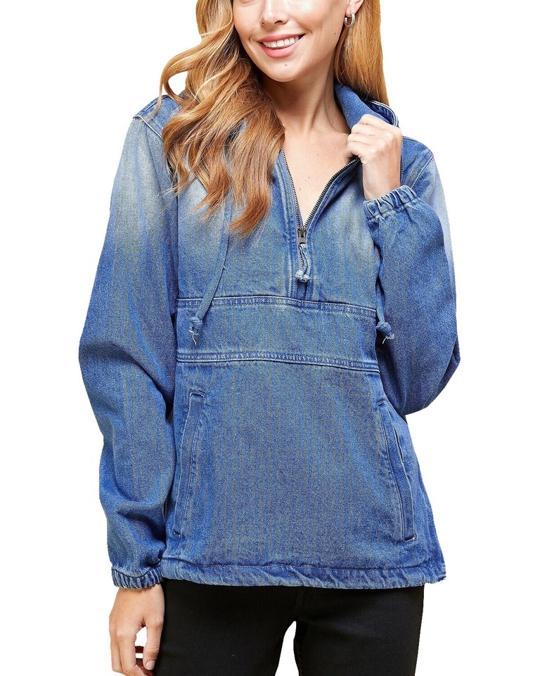 Women’s Premium Cotton Casual Hoodie Half Zip Pullover Denim Jean ...