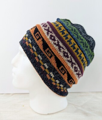 100% Baby Alpaca Reversible Beanie Unisex Colorful Boho Aztec Llama Hippie Peru