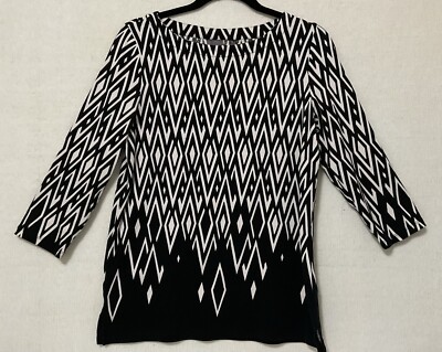 Rafaella Women s Tunic Top Size M 3/4 Sleeve Black & White Geometric Print