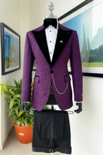 Men 2 Piece Purple Jacquard Paisley Luxury Party Tuxedo Groom Prom Wedding Suit