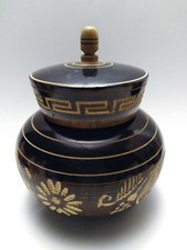 Hand Carved Basa Wood Brown Round Trinket Box Made In Mexico Signed by Maker