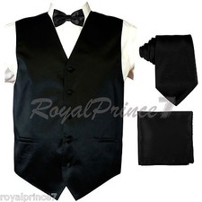 BLACK Solid Tuxedo Suit Vest Waistcoat and Neck tie, Bow Tie Hanky Wedding Party