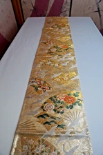 FUKURO Obi Silk Table Runner Xmas Japanese Kimono Vintage Woman Belt Gold Crane