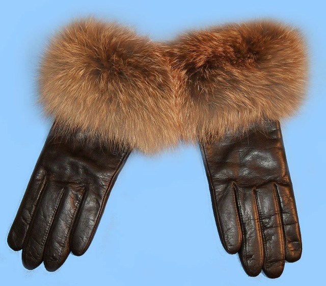 NEW size 7.5 GENUINE BLACK LEATHER GLOVES with GENUINE RED FOX FUR TRIM
