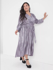 NEW LANE BRYANT SILVER METALLIC 3/4 SLEEVE SURPLICE-NECK PLEATED DRESS SZ 20