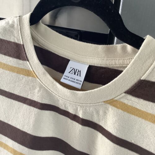 ZARA Men’s Cotton Jumper Size M 100% Cotton Cream, Tan & Brown striped - Picture 2 of 7