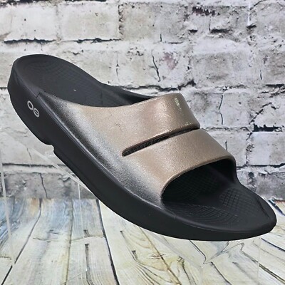 OOFOS Ooahh Luxe Recovery Slides Womens 9 Mens 7 Bronze Black Metallic Sandals