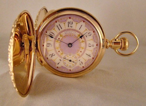 132 YEARS OLD WALTHAM 14k GOLD FILLED HUNTER CASE FANCY DIAL 16s POCKET WATCH