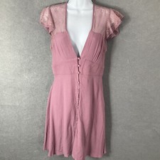 Free People Dress Womens Sz M Bliss Blush Button Up Sheer Lace Flutter Sleeve