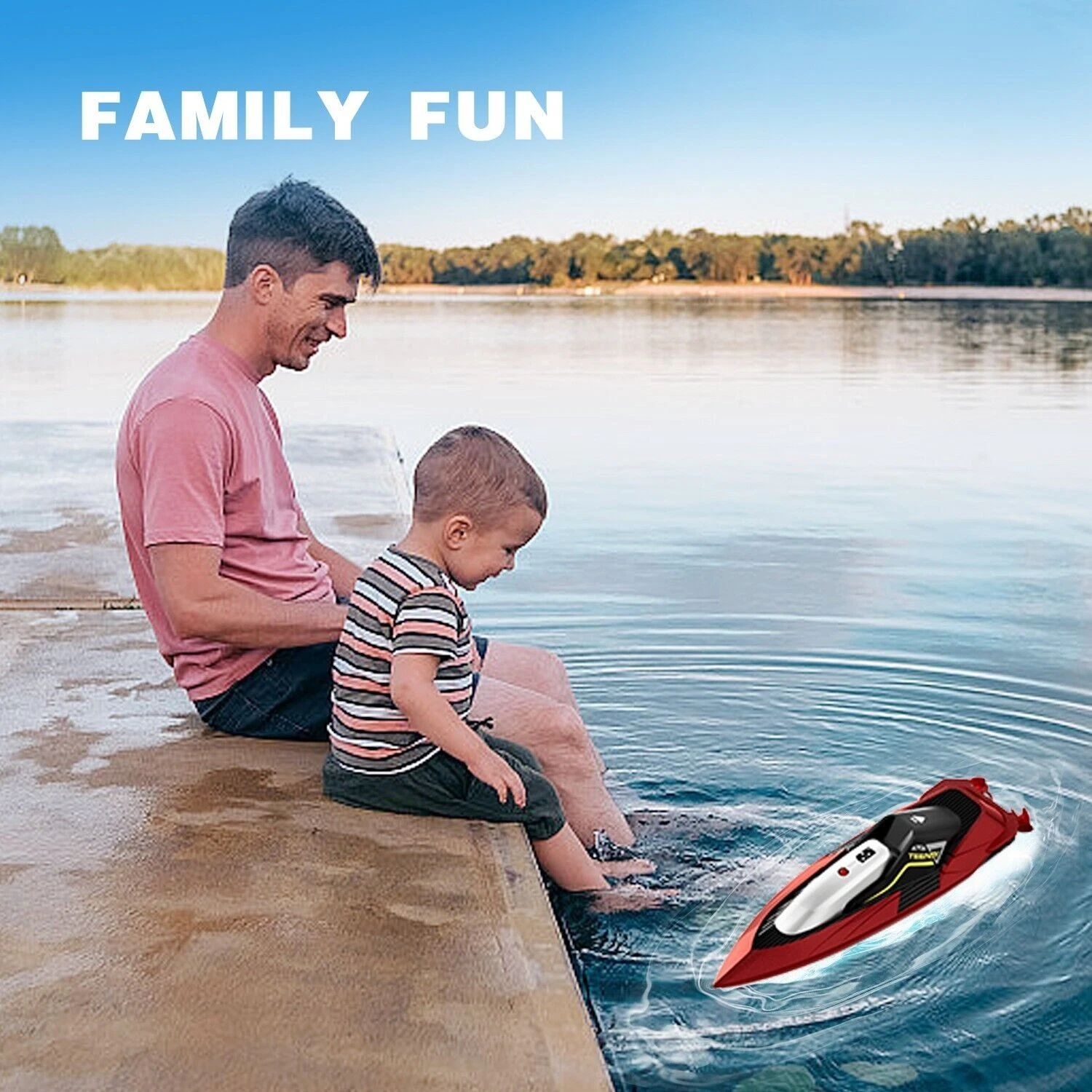 Family enjoying the remote control boat by a lake